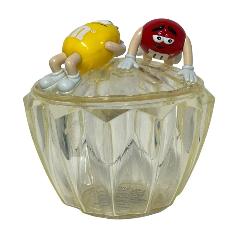 Vintage M&M‎ Candy Dish Lidded Bowl Clear Acrylic Plastic Faceted Collectible